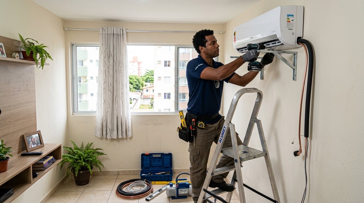 Técnico em escada instalando um split na parede da sala em Ubatuba‑SP