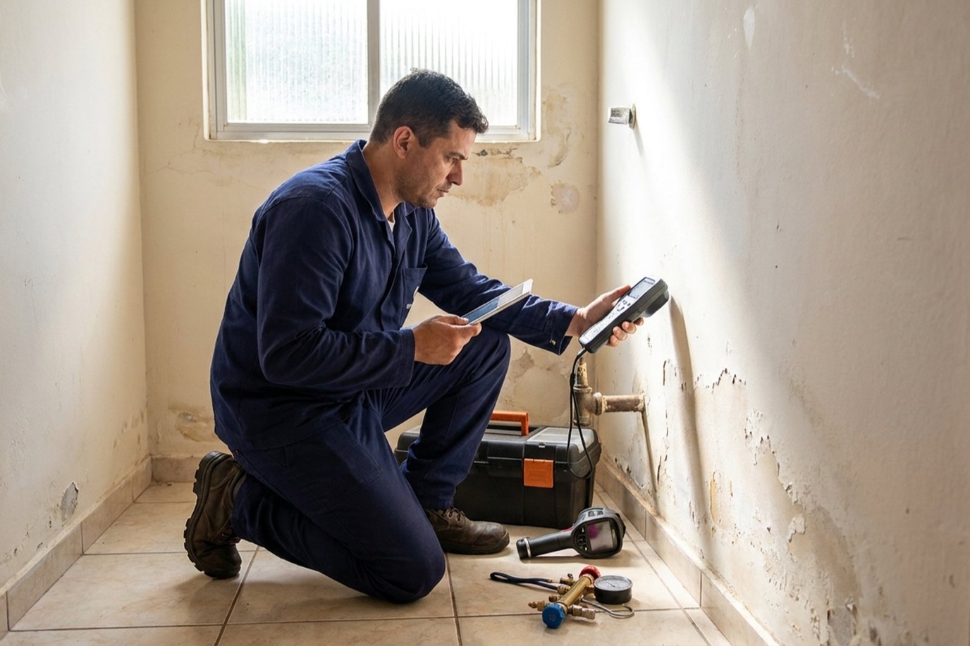 Técnico usando detector para localizar vazamento de água na parede em Macapá‑AP