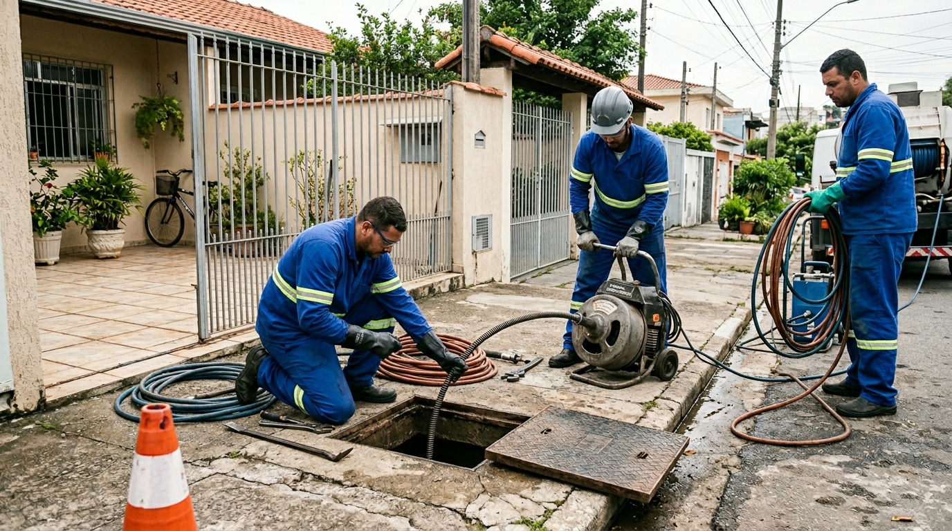 Profissionais abrindo um bueiro na rua com máquina desentupidora em Anápolis‑GO