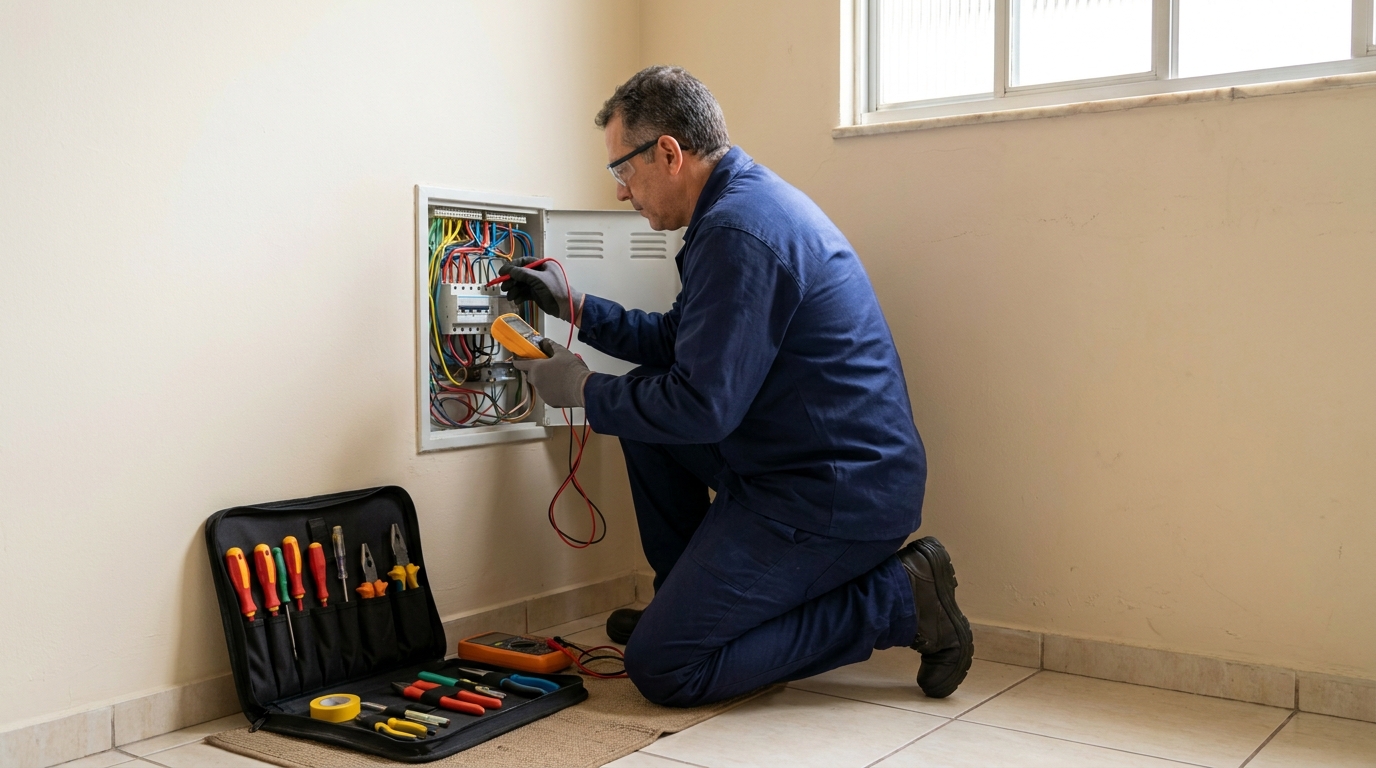Profissional medindo o quadro de disjuntores com multímetro em Olinda‑PE