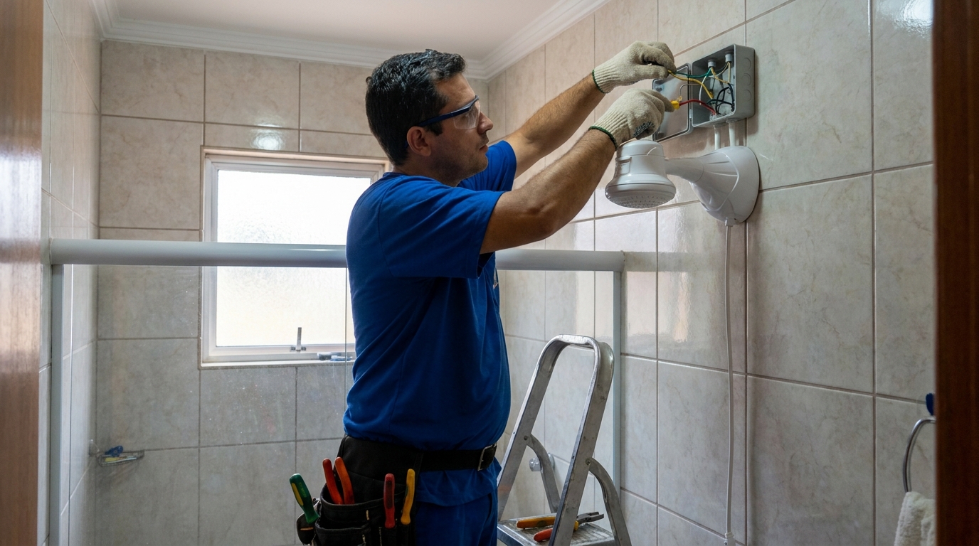 Profissional instalando chuveiro elétrico perto de mim