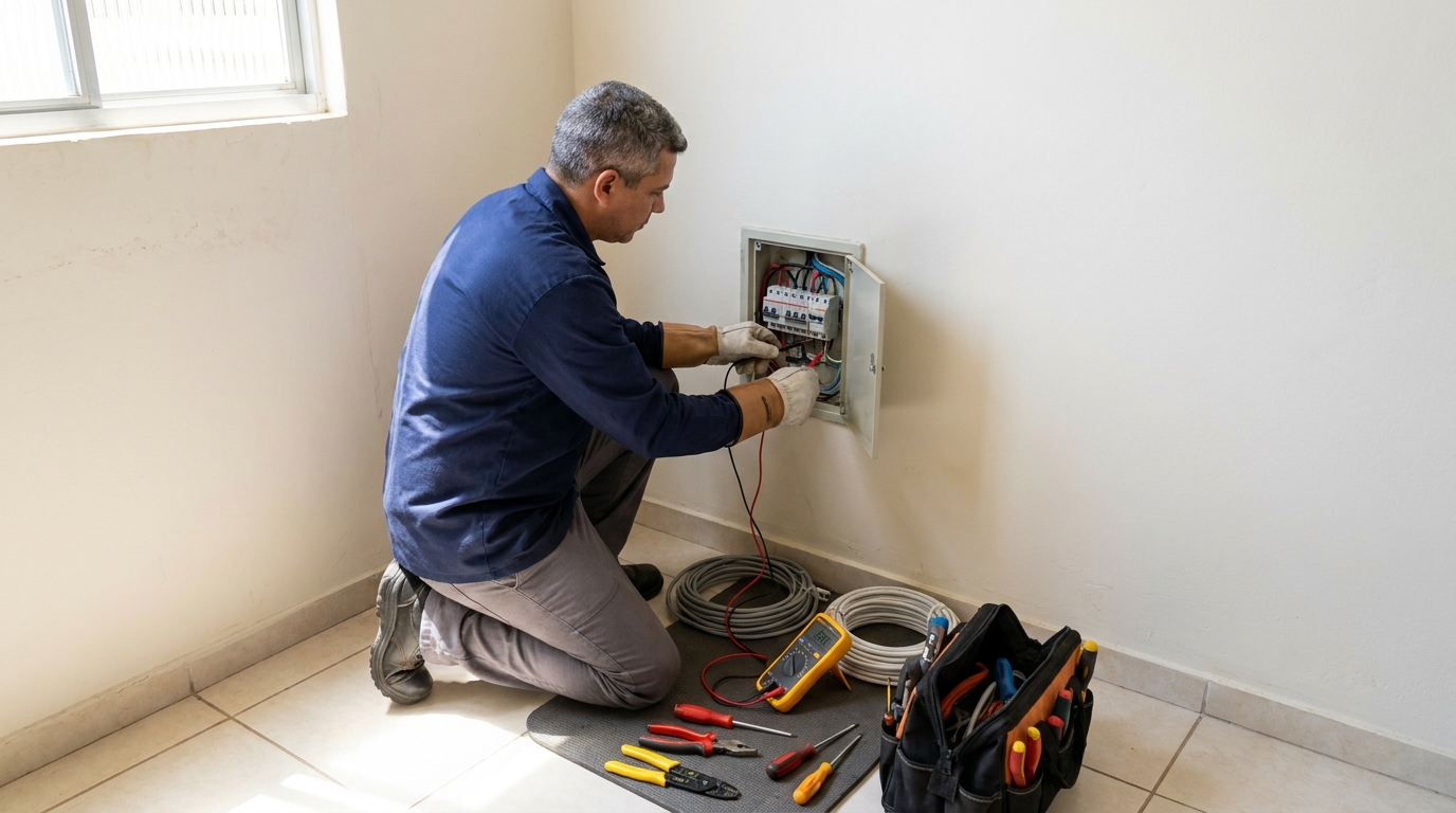 Eletricista fazendo manutenção em Maringá‑PR