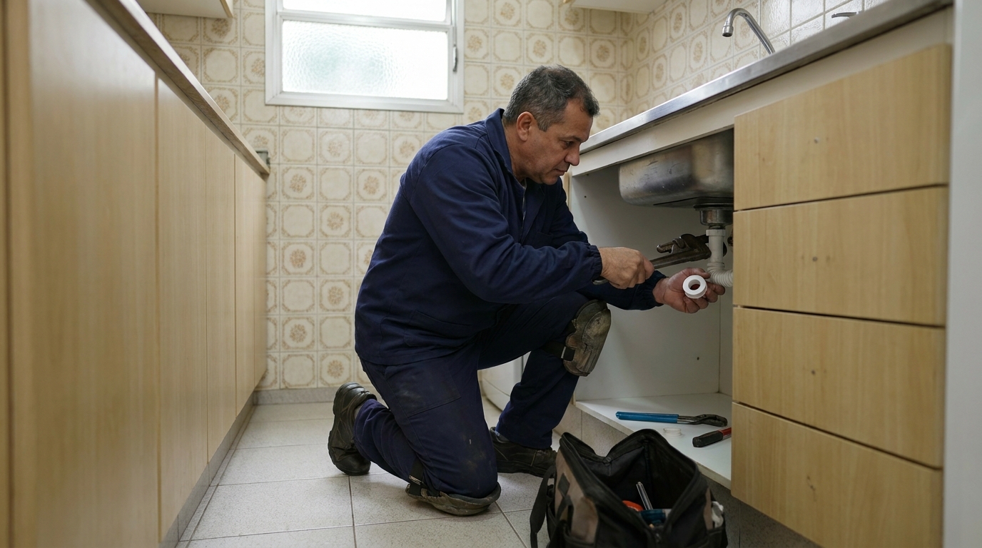 Encanador fazendo serviço hidráulico em Belém‑PA