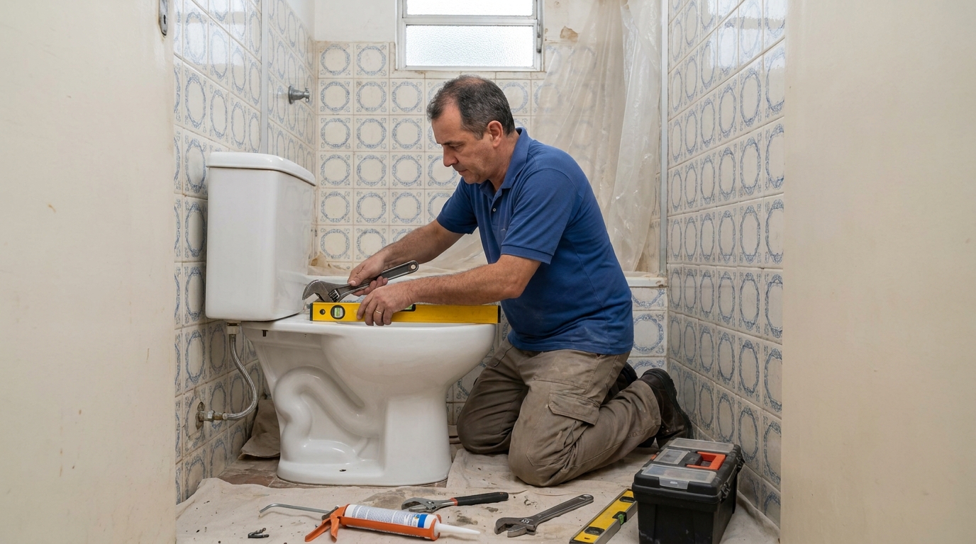 Técnico colocando vaso sanitário perto de mim