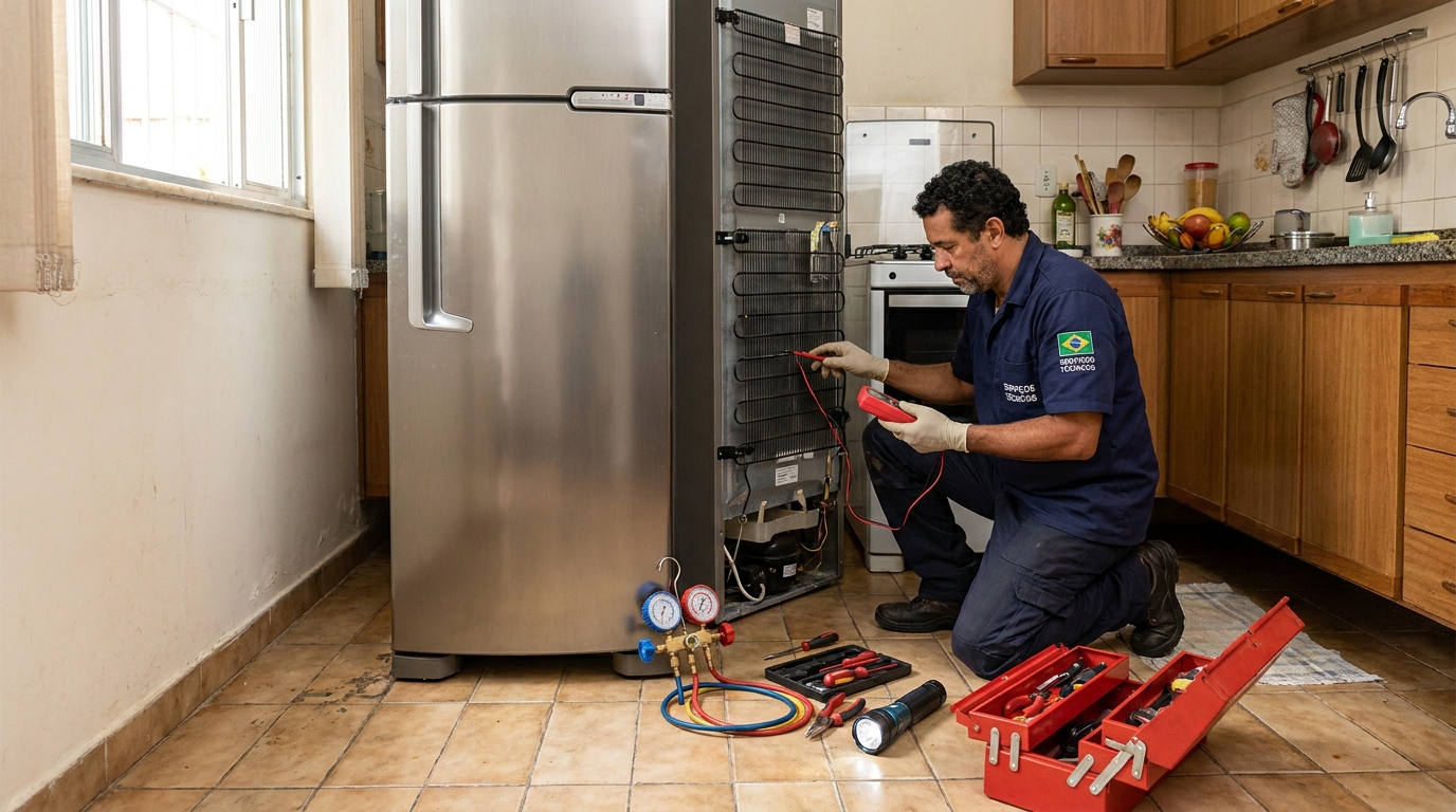 Técnico medindo a pressão do gás de uma geladeira inox na cozinha em Osasco‑SP