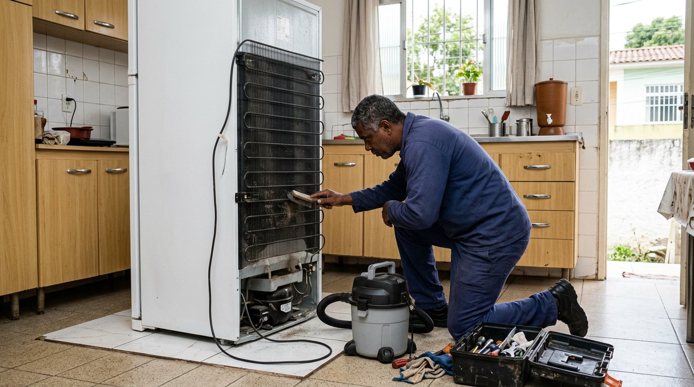 Técnico limpando o condensador atrás da geladeira em Florianópolis‑SC