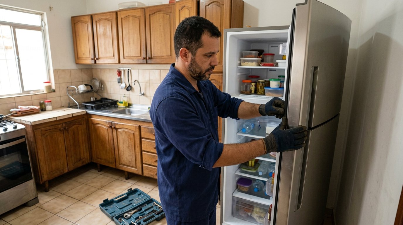 Técnico trocando a borracha da porta de uma geladeira inox em Florianópolis‑SC