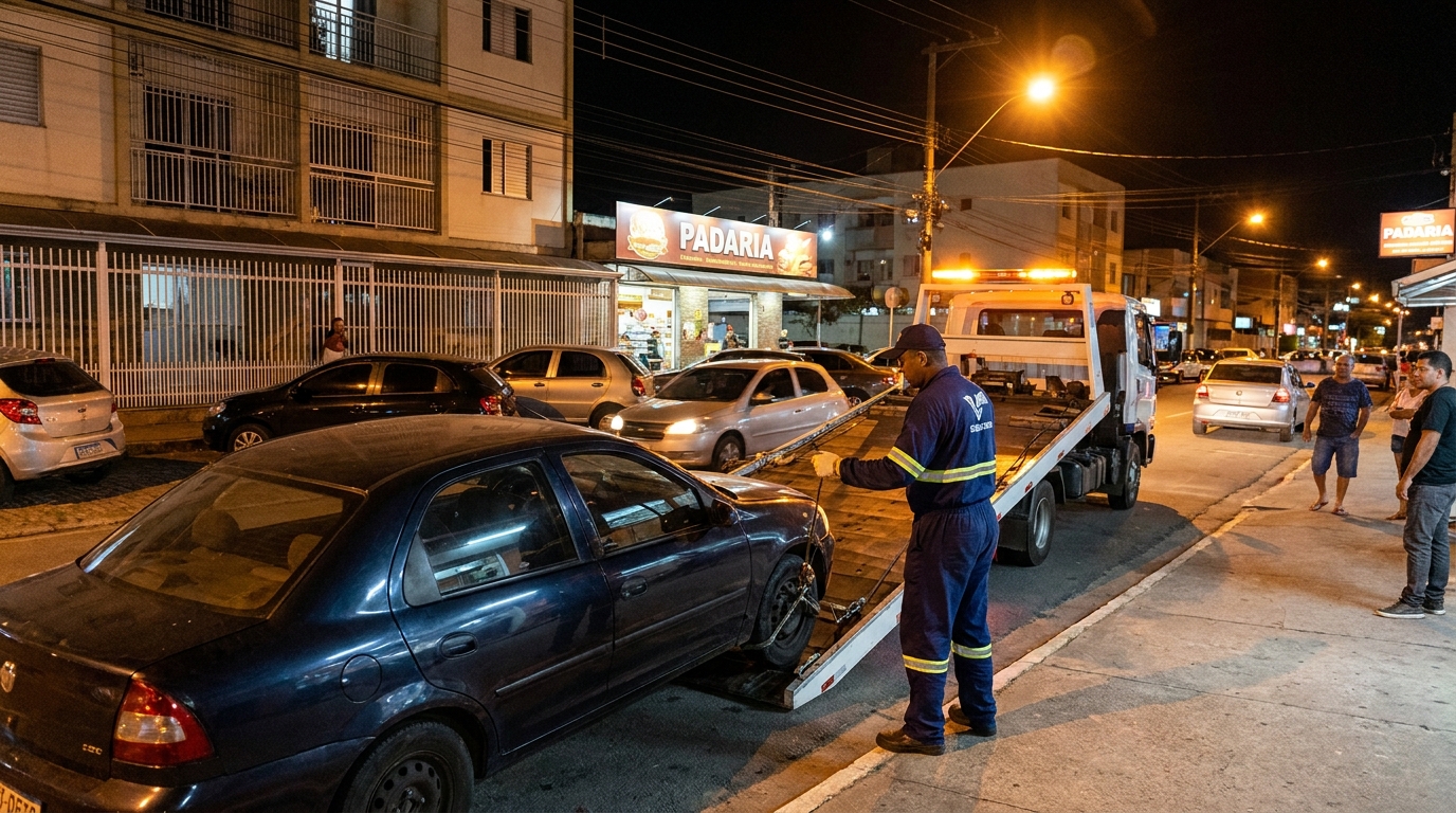 Carro sendo colocado na plataforma do guincho durante a noite em Catanduva‑SP