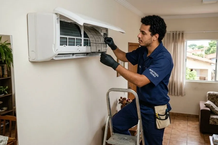 Técnico de luvas retirando o filtro de um ar-condicionado split na parede de uma sala