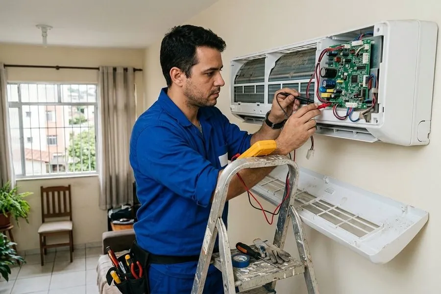 Técnico com multímetro medindo a placa eletrônica de um ar-condicionado split aberto na parede