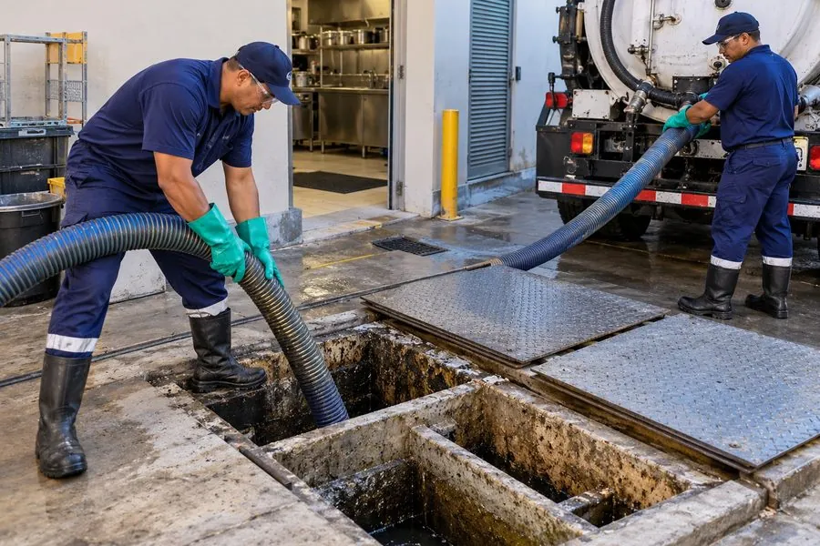 Dois profissionais retirando com mangueira de sucção o resíduo de uma caixa de gordura grande de cozinha comercial, com caminhão ao fundo
