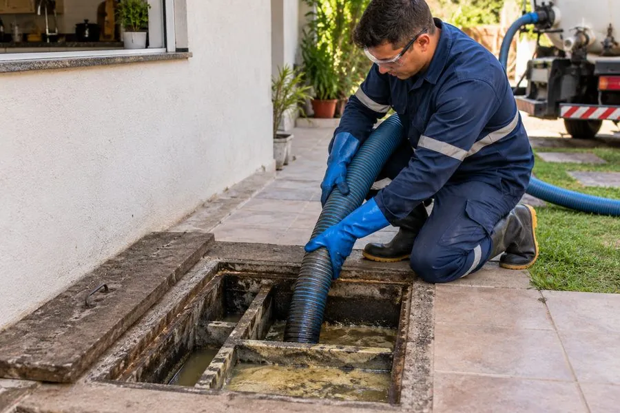 Profissional de uniforme e luvas sugando com mangueira o conteúdo de uma caixa de gordura aberta no quintal de uma casa