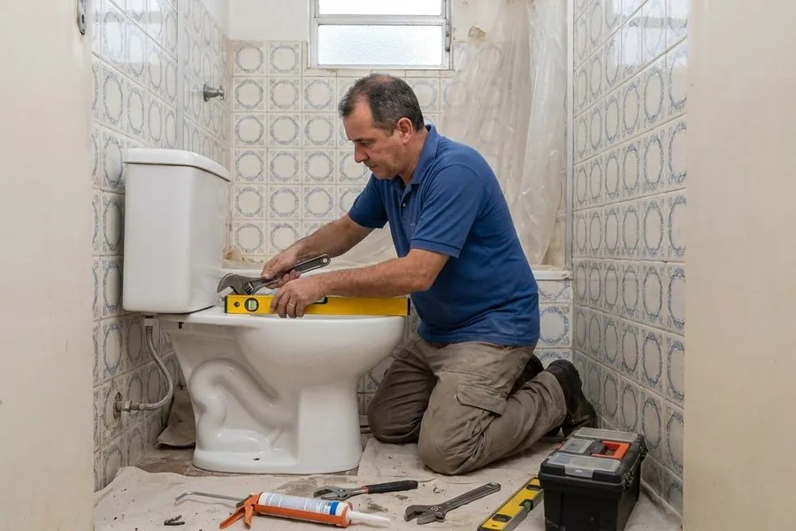 Encanador ajoelhado ao lado de um vaso sanitário com caixa acoplada, usando nível e chave, com ferramentas no chão