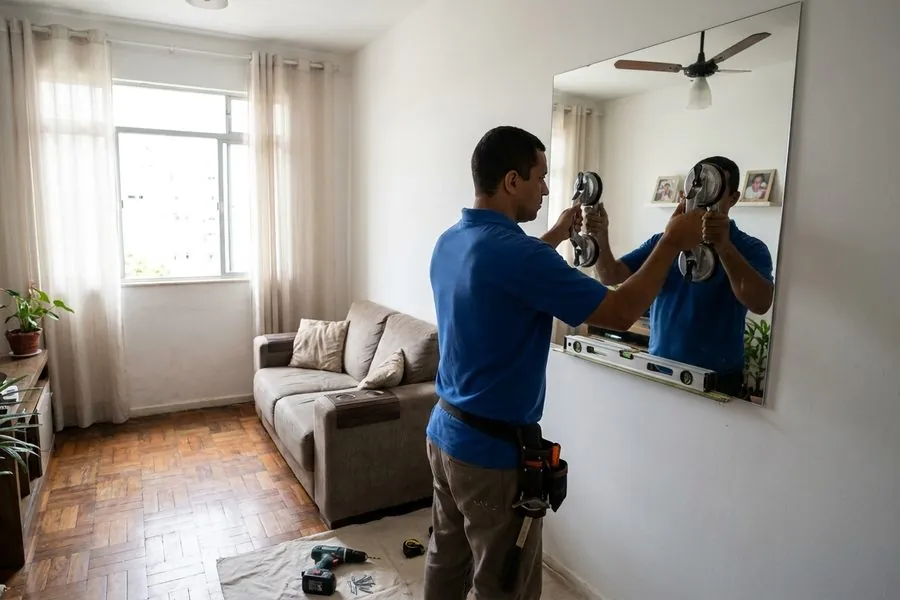 Vidraceiro posicionando com ventosas um espelho grande sem moldura na parede de uma sala clara, com sofá e janela ao lado