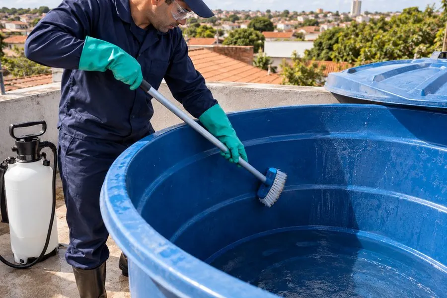 Profissional de luvas esfregando com escova macia a parede interna de uma caixa d'água azul, com pulverizador ao lado