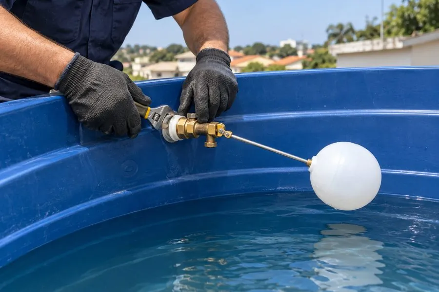 Mãos com luvas instalando uma torneira boia com bola branca na borda de uma caixa d'água azul