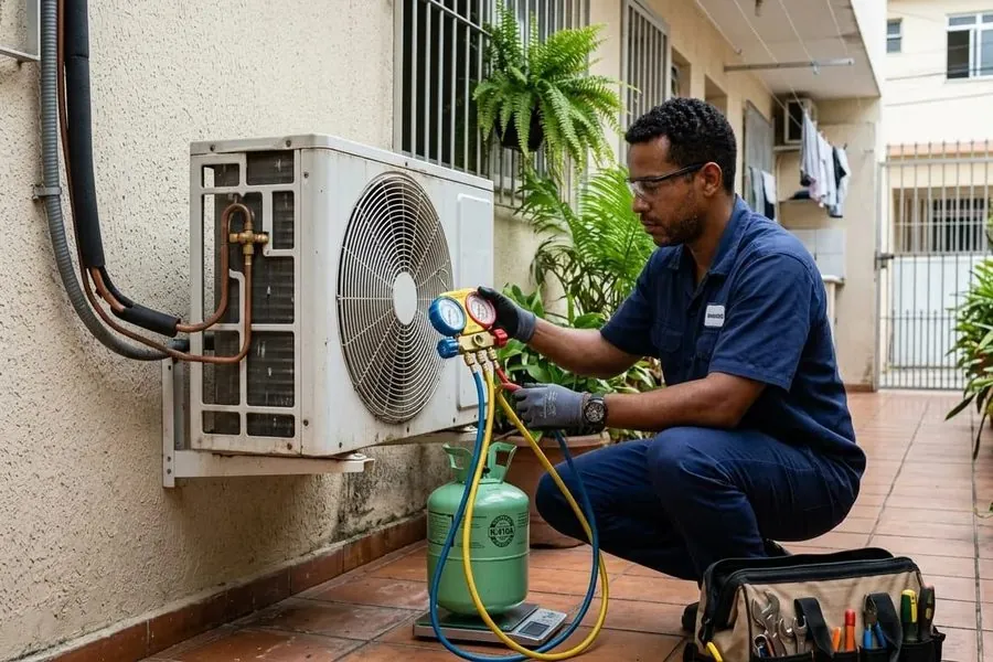 Técnico agachado ao lado da condensadora instalada na parede externa, conferindo as pressões com o manifold