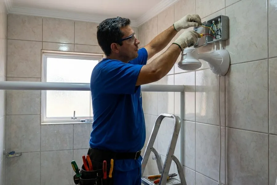 Eletricista em escada ajustando a ligação elétrica de um chuveiro na parede do box