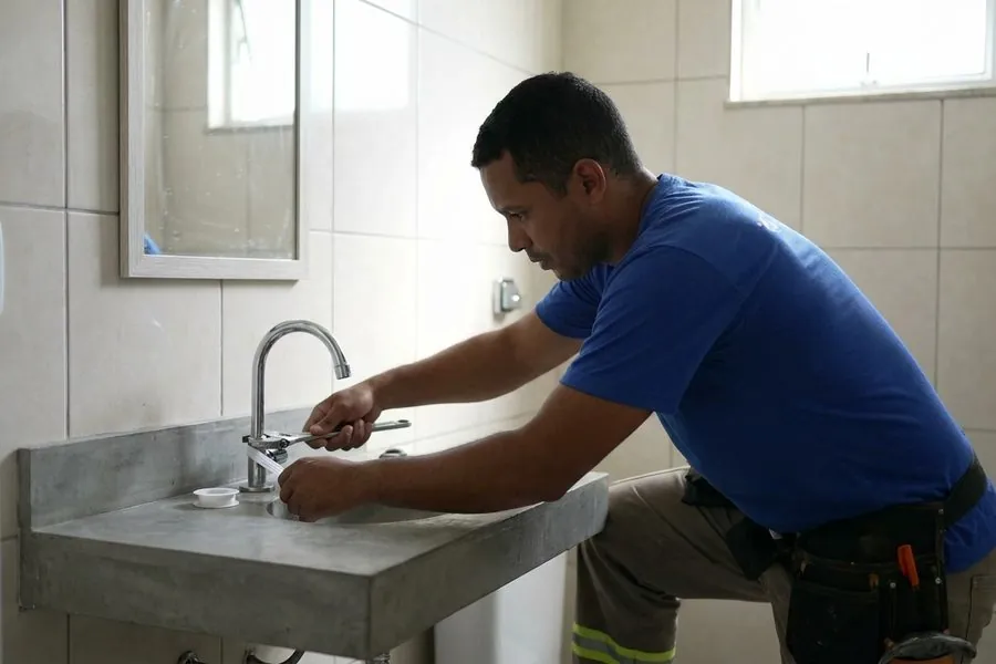 Encanador apertando com chave uma torneira de metal em bancada de banheiro