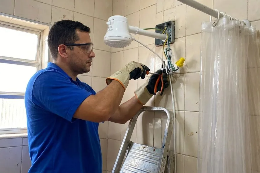 Eletricista de luvas ligando os fios de um chuveiro elétrico branco na parede de azulejos do banheiro