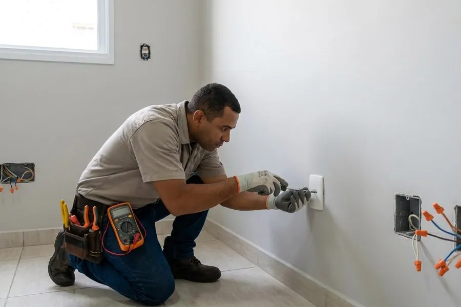 Eletricista ajoelhado instalando uma tomada na parede, com caixas de luz abertas e fios à mostra ao lado