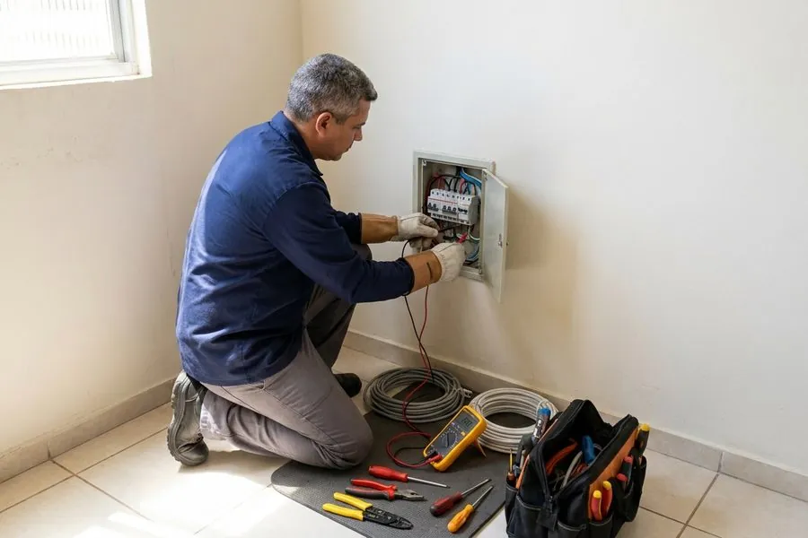 Eletricista ajoelhado mexendo em um quadro de distribuição na parede, com rolos de fio e ferramentas no chão