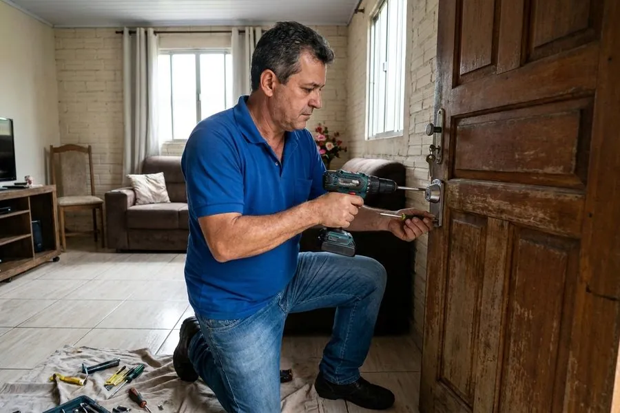 Chaveiro ajoelhado usando parafusadeira para fixar a fechadura em uma porta de madeira na sala de uma casa