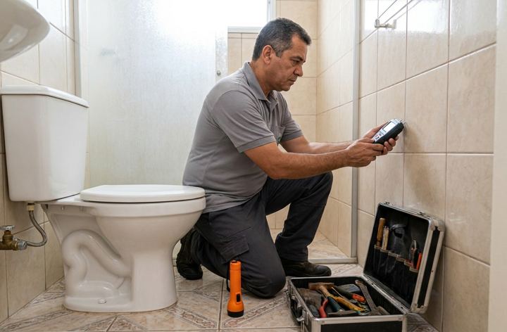 Técnico de caça vazamento usando aparelho de detecção junto à parede do banheiro