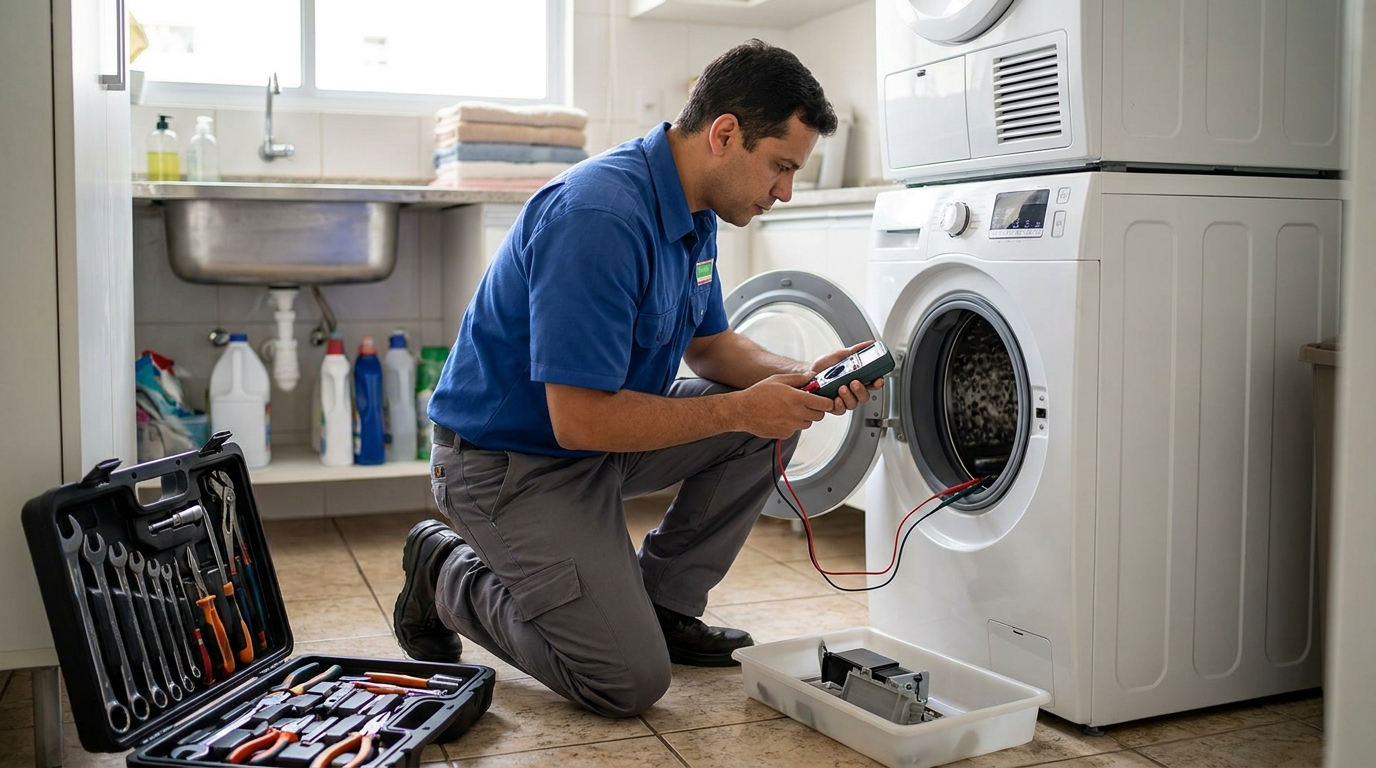 Técnico trocando a placa eletrônica da lava e seca em Santos‑SP